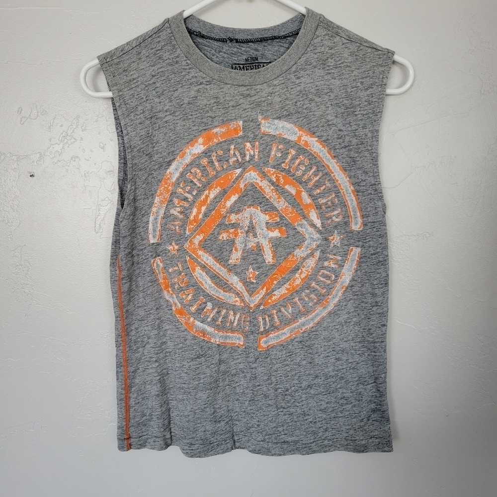 American Fighter Kids Boys Medium Grey Tank Top Orange Graphic Logo Shirt T-shir